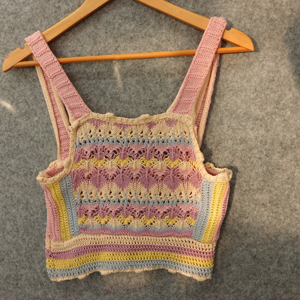 Zara Womens Small Purple Yellow Rainbow Crochet Crop Tank Top Boho Y2K Festival